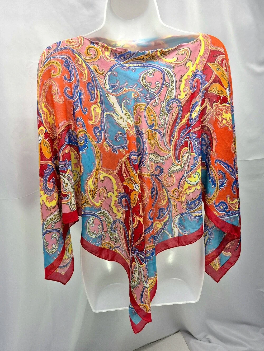 Vibrant Multicolor Paisley Print Silk Square Scarf Magenta Border Beach Chic